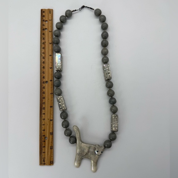 Whimsical Ceramic Grey Cat Necklace Handmade Folk Artisan Jewelry Studio Art OAK - Picture 5 of 6